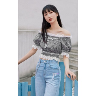 Vero moda áo trễ vai bo eo viền ren buộc dây tay phồng