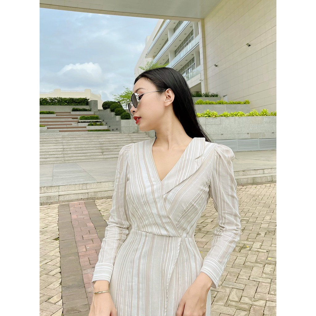 Đầm midi cổ vest tay dài  - Màu sọc nâu phong cách vintage kín đáo  CQA0001 - Đổi trả trong 7 ngày