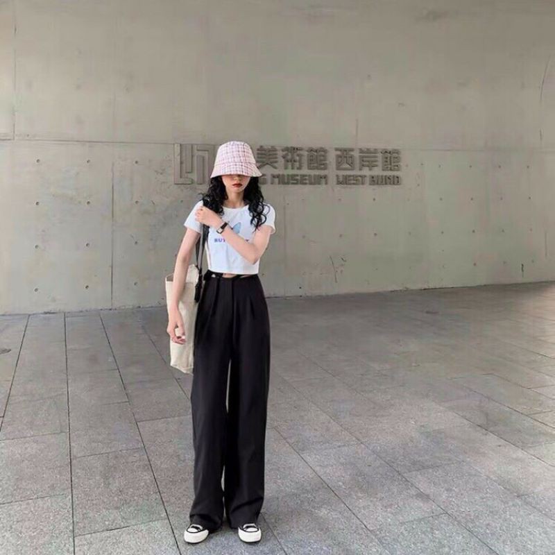 Quần âu nữ ống rộng cột eo kiểu, thời trang Hàn Quốc