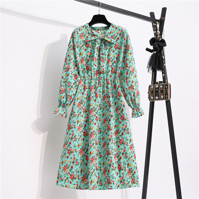 Ready Stock 2021 New Fashion Korean Dresses Floral Chiffon Women Casual Dinner Long Sleeve A-line Midi Dress Muslimah Wear Import