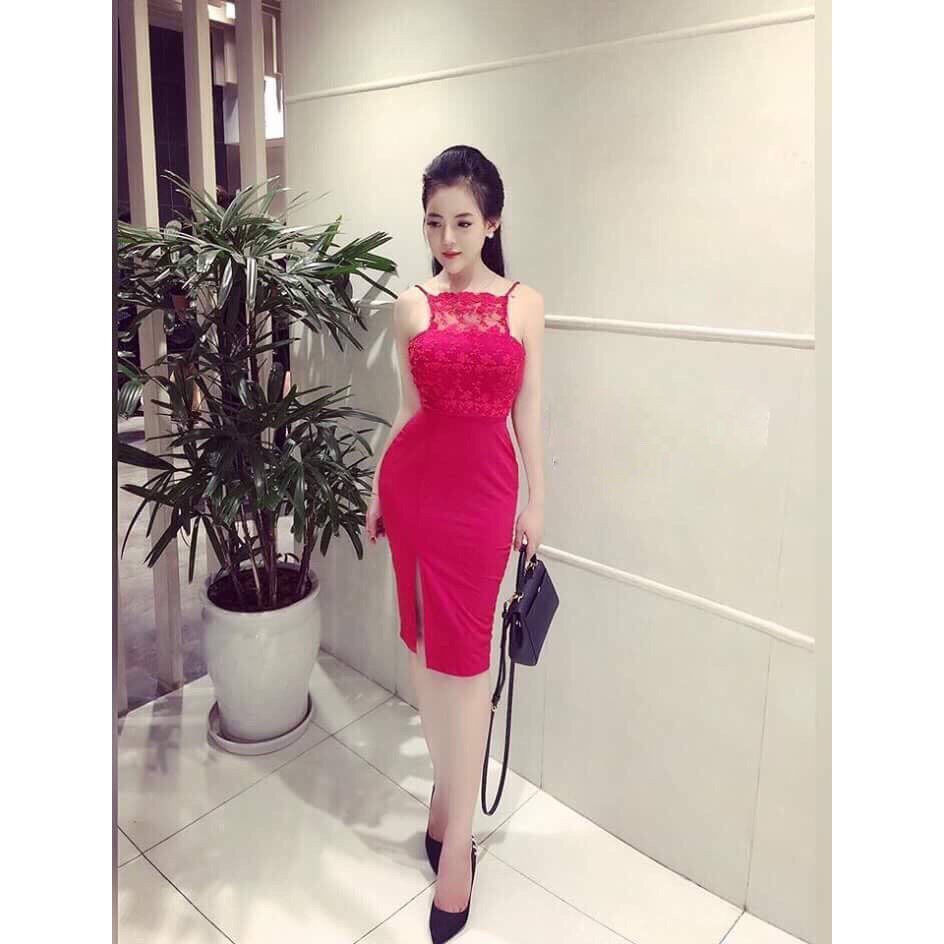 đầm body cổ yếm ren