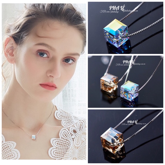 Dây Chuyền Bạc S925 Thiết Kế Với Pha Lê Swarovski Vuông Trắng