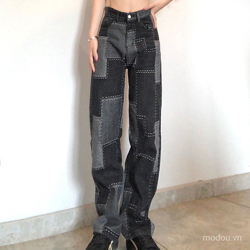 Women New Style Color Block Patchwork Long Straight Denim Jeans