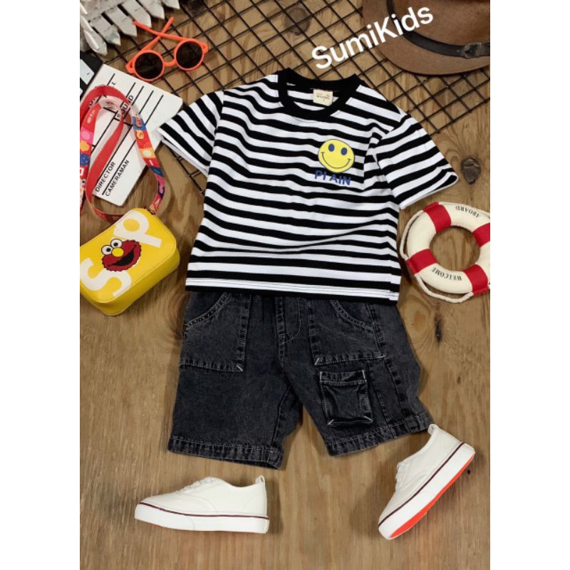 Set quần jean túi hộp vải mềm kèm áo kẻ sọc thun cotton co giãn