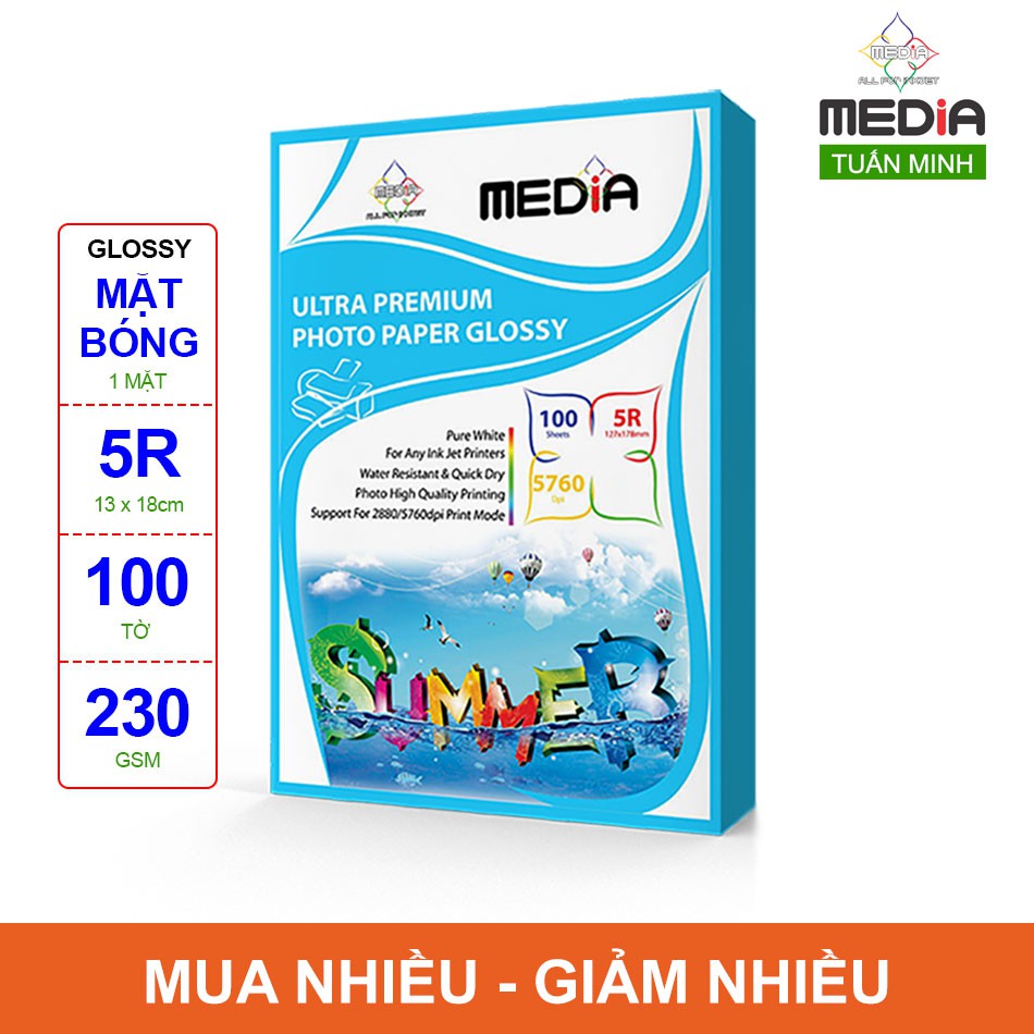 Giấy In Ảnh Media 1 Mặt Bóng 5R 230gsm 100 Tờ