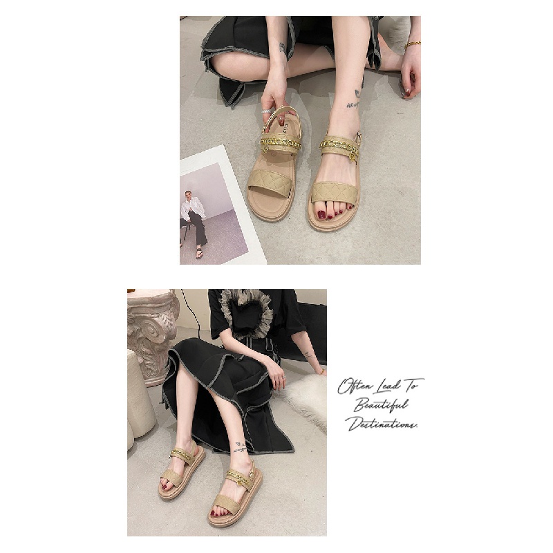 Giày Sandal Đế Bằng Phối Dây Xích Thời Trang Xuân Hè Xinh Xắn Cho Nữ