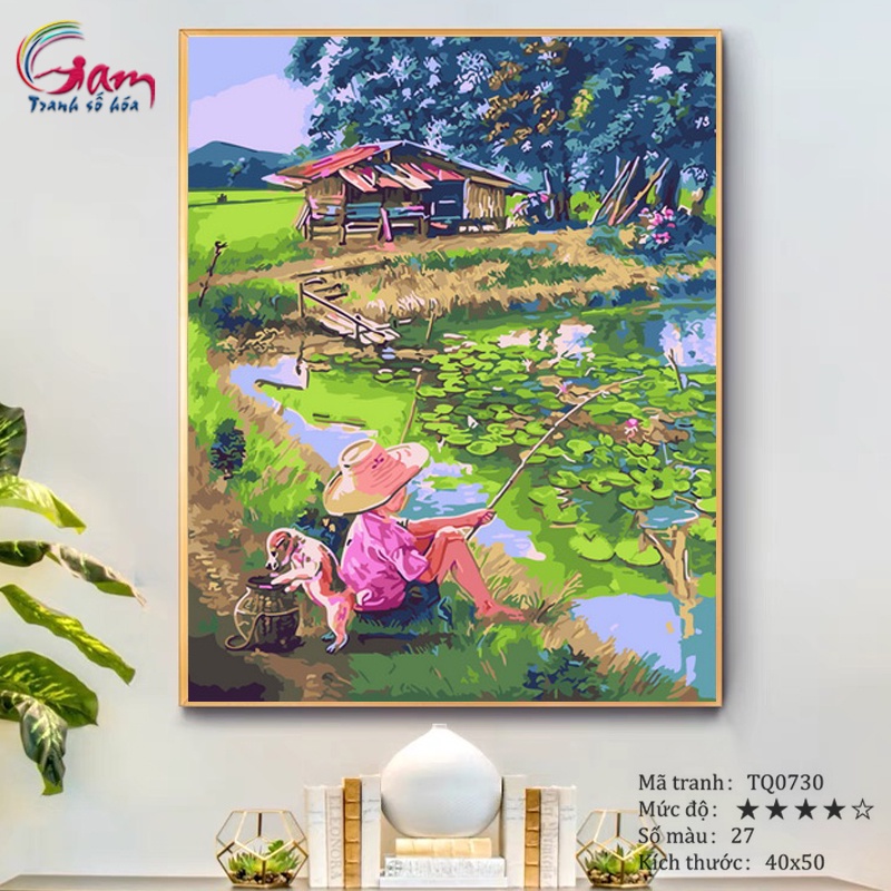 Tranh sơn dầu số hóa tự tô màu theo số Gam Làng Quê Chú Bé Câu Cá căng sẵn khung 2,5cm size 40x50cm TQ0730