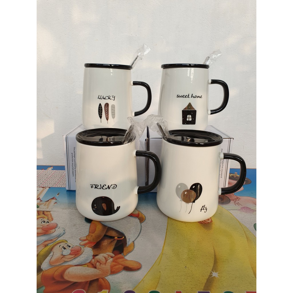 Ly cốc sứ cao cấp có nắp và thìa thông điệp Tiếng Anh dung tích 420ml | BigBuy360 - bigbuy360.vn