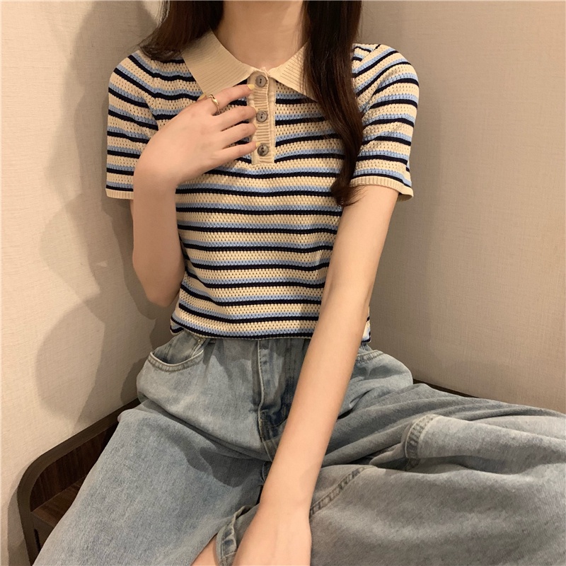 Áo thun ZHELIHANGFEI polo dệt kim tay ngắn kẻ sọc thời trang mùa hè dễ phối đồ cho nữ