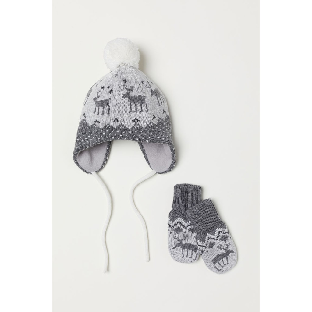 Set mũ và găng tay xám lót nỉ HM H&amp;M size 2-6, 6-12m, 1-2y_hàng chính hãng Mỹ