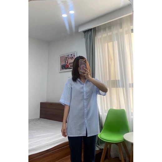 Áo cộc tay kẻ vải xốp  - Áo sơ mi nữ sọc 4 màu