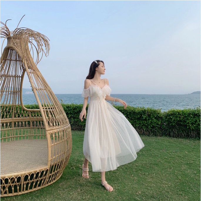 Đầm Váy trắng đi biển nữ đẹp trễ vai maxi 2 dây dài rộng bigsize bikini kiểu Hàn Quốc vintage hở lưng 1111 DK14T302