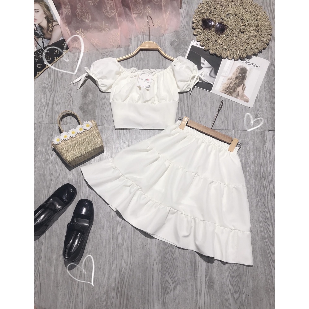 Sét Bộ Nữ Tiểu Thư Chân Váy Áo Croptop Viền Bèo Trễ Vai + Chân Váy Xòe Hai Lớp Siêu Xinh - KIM DUNG FASHION STORE