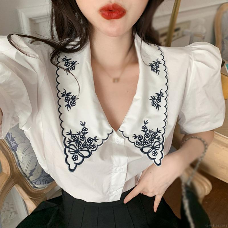 Áo Sơ Mi Nữ Dáng Rộng Tay Phồng Thêu Hoa Màu Tương Phản Kiểu Retro Thời Trang Mùa Hè | BigBuy360 - bigbuy360.vn