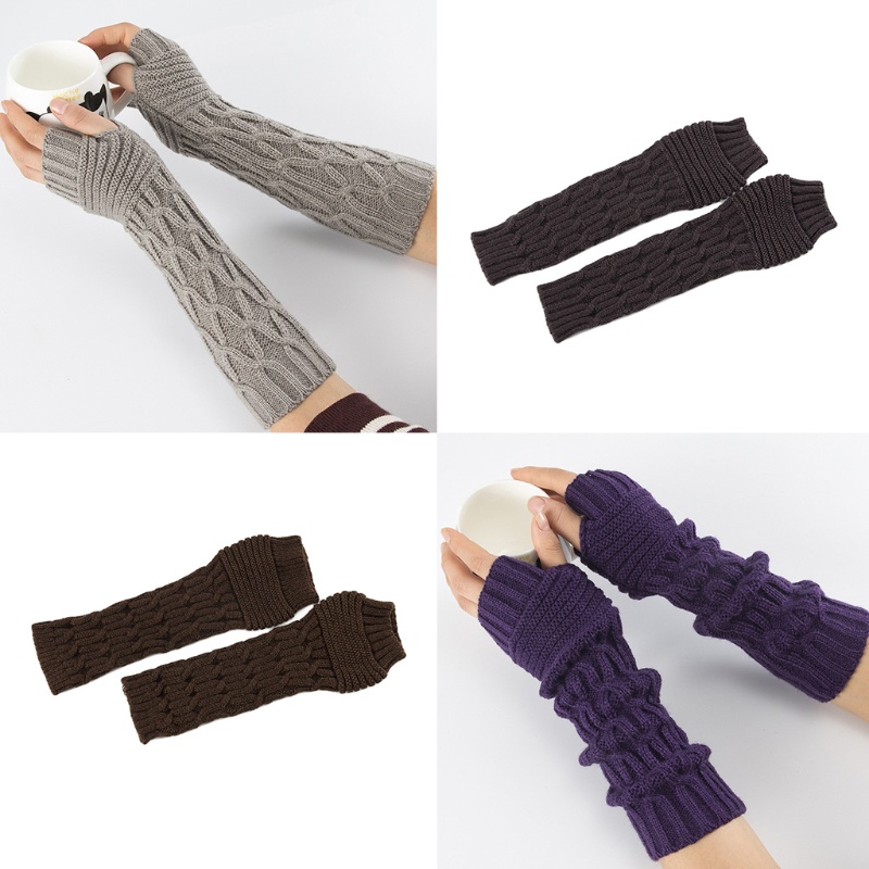 Găng Tay Len Dài Hở Ngón Màu Sắc Trơn Giữ Ấm Mùa Đông Cho Nữ