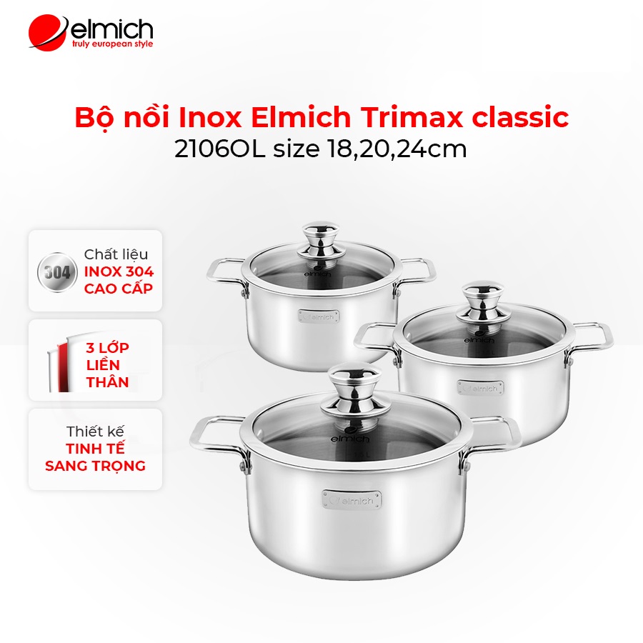 [Mã LIFECPMALL giảm 12% đơn 250K] Bộ nồi Inox 3 lớp đáy liền Elmich Trimax classic 2106OL size 18,20,24cm