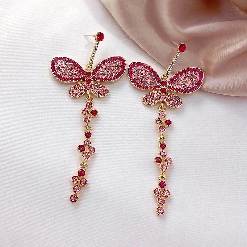 Bông Tai Dáng Dài Phối Tua Rua Hình Bướm Đính Kim Cương Màu Bạc Phong Cách Hàn Quốc Thời Trang Mới 2021 Cho Nữ