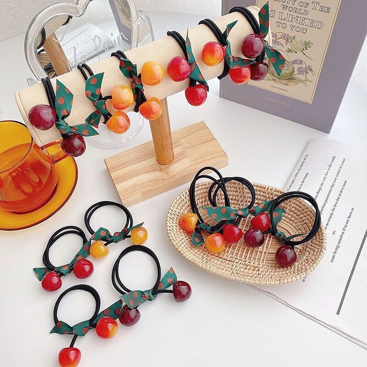Dây chun buộc tóc hình quả cherry kèm nơ xinh xắn cho các bạn nữ xinh đẹp (C2)