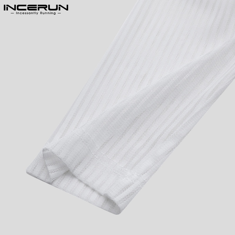 Áo Thun INCERUN Dành Cho Nam Thiết Kế Cổ Tròn Họa Tiết Kẻ Sọc Tay Dài Màu Trắng/ Đen