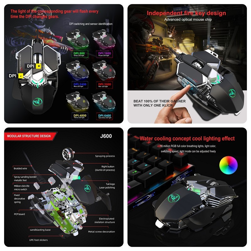 Chuột cơ gaming led RGB 6400DPI - J600 Black mechanical Gaming mouse