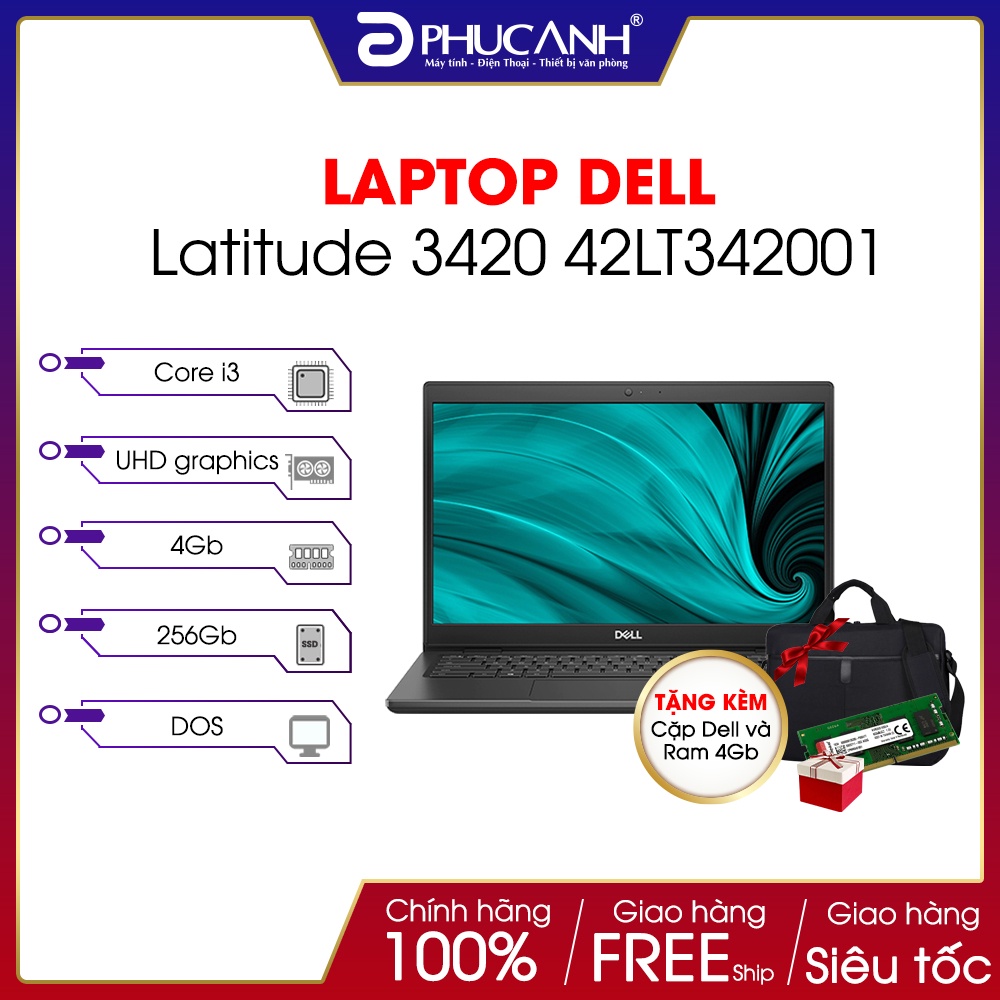 Laptop Dell Latitude 3420 42LT342001 (i3 1115G4/ 4Gb/ SSD 256Gb / 14.0&quot; HD/VGA ON) Tặng kèm Ram 4G 3200 + Cặp Dell