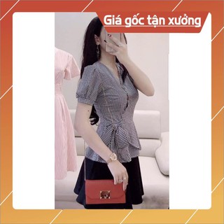 Sét áo caro cột nơ eo và chân váy xòe siêu xinh