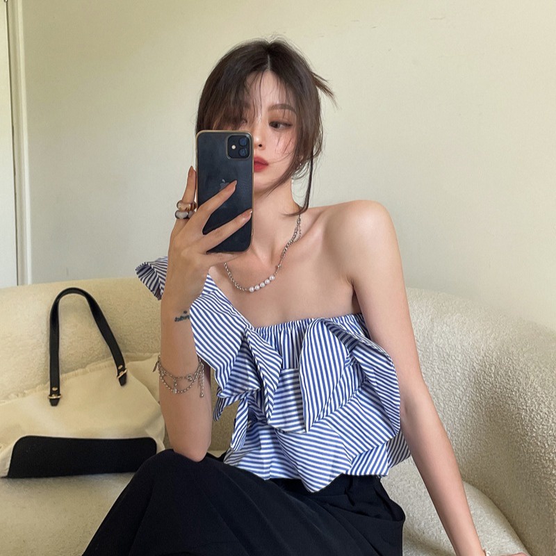 Áo Ngắn Dáng Rộng Lệch Vai Phối Bèo Thời Trang Mùa Hè Cho Nữ