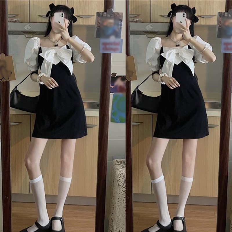 Đầm Tay Ngắn Phồng Cổ Vuông Dáng Chữ A Màu Sắc Tương Phản Phong Cách Preppy Cổ Điển Thời Trang Cho Nữ