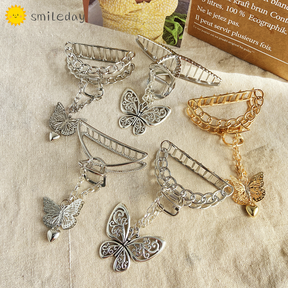 Kẹp tóc có dây gắn mặt hình bướm màu vàng và bạc phong cách retro thời trang cho nữ