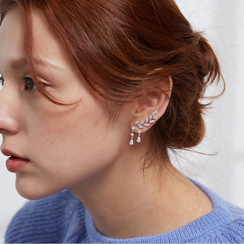Khuyên tai dạng lá đính đá pha lê phối tua rua cho nữ