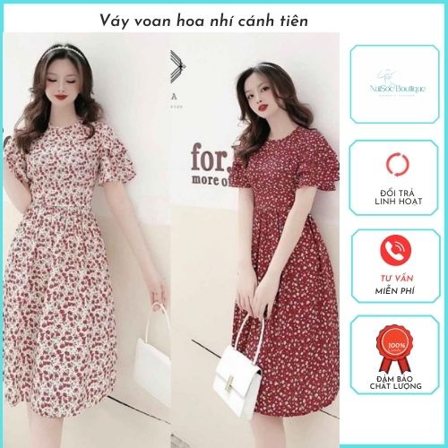 Váy voan hoa nhí, chất voan mềm nhẹ nhàng, đầm voan thiết kế tay cánh tiên sang chảnh