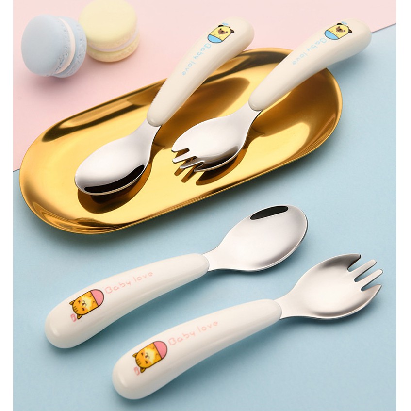 Bộ thìa dĩa an toàn bằng Inox có hộp đựng cho bé IN36