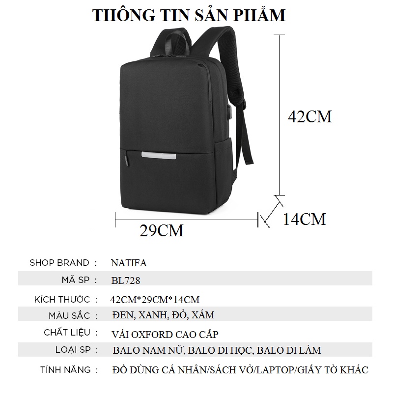 Balo Đi Học Cao Cấp Hàn Quốc Chống Nước Cổng Sạc USB Thời Trang NATIFA BL728