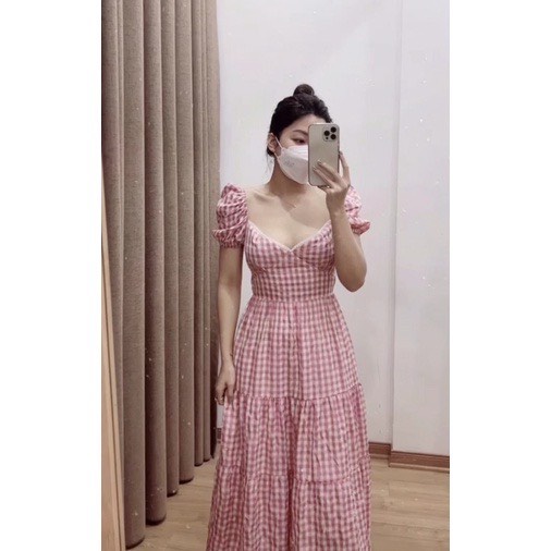 Váy kẻ hồng đầm 3 tầng 2 lớp có độn ngực maxi tay ngắn hở lưng đi biển siêu xinh-Minxy shop | BigBuy360 - bigbuy360.vn