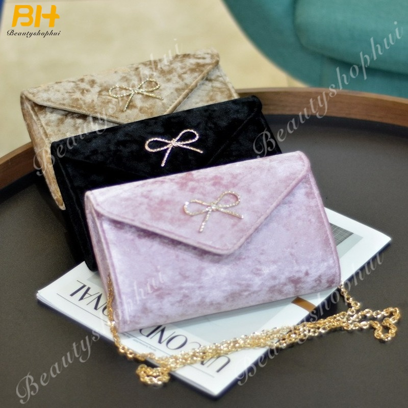 Ví Nhung Cầm Tay Đính Nơ Thời Trang Cho Nữ