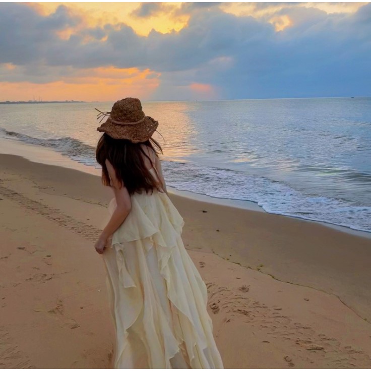 Đầm maxi hai dây xòe viền bèo, váy maxi hai dây đi biển viền bèo siêu đẹp