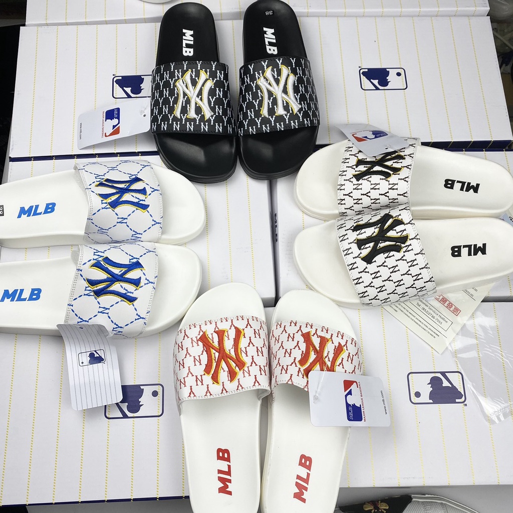 Dép Quai Ngang MLB NY Chữ Thêu Freesize, Dép Lê Nam Nữ Đế Cao Su Non Tăng 3CM Trending 2022 Full box + Deal
