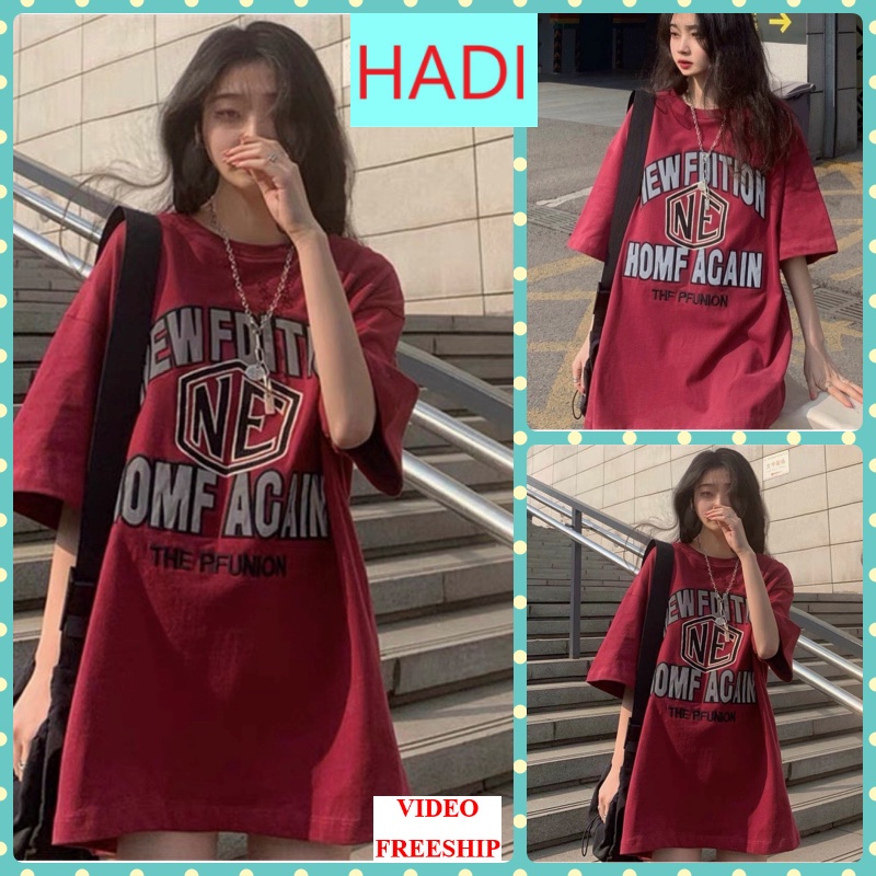 ÁO THUN NỮ CỔ TRÒN FORM RỘNG TAY LỠ IN CHỮ HOMF AGAIN MÀU ĐỎ ĐÔ PHONG CÁCH TỰ TIN THỜI TRANG PHÁ CÁCH HADI