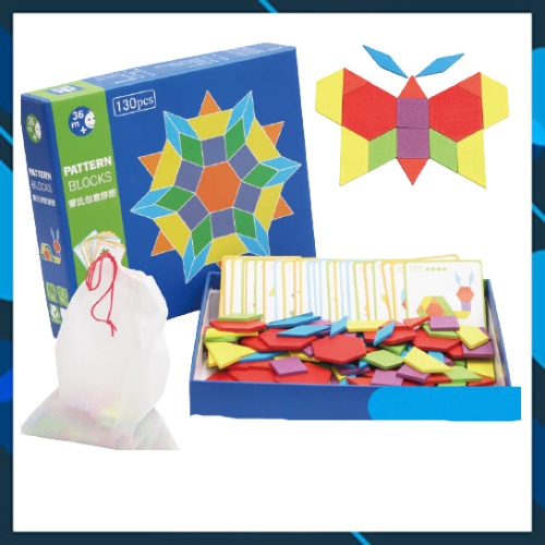 130 Miếng Ghép nhiều màu và 24 Flashcard cho bé sáng tạo – Đồ chơi giáo dục Montessori