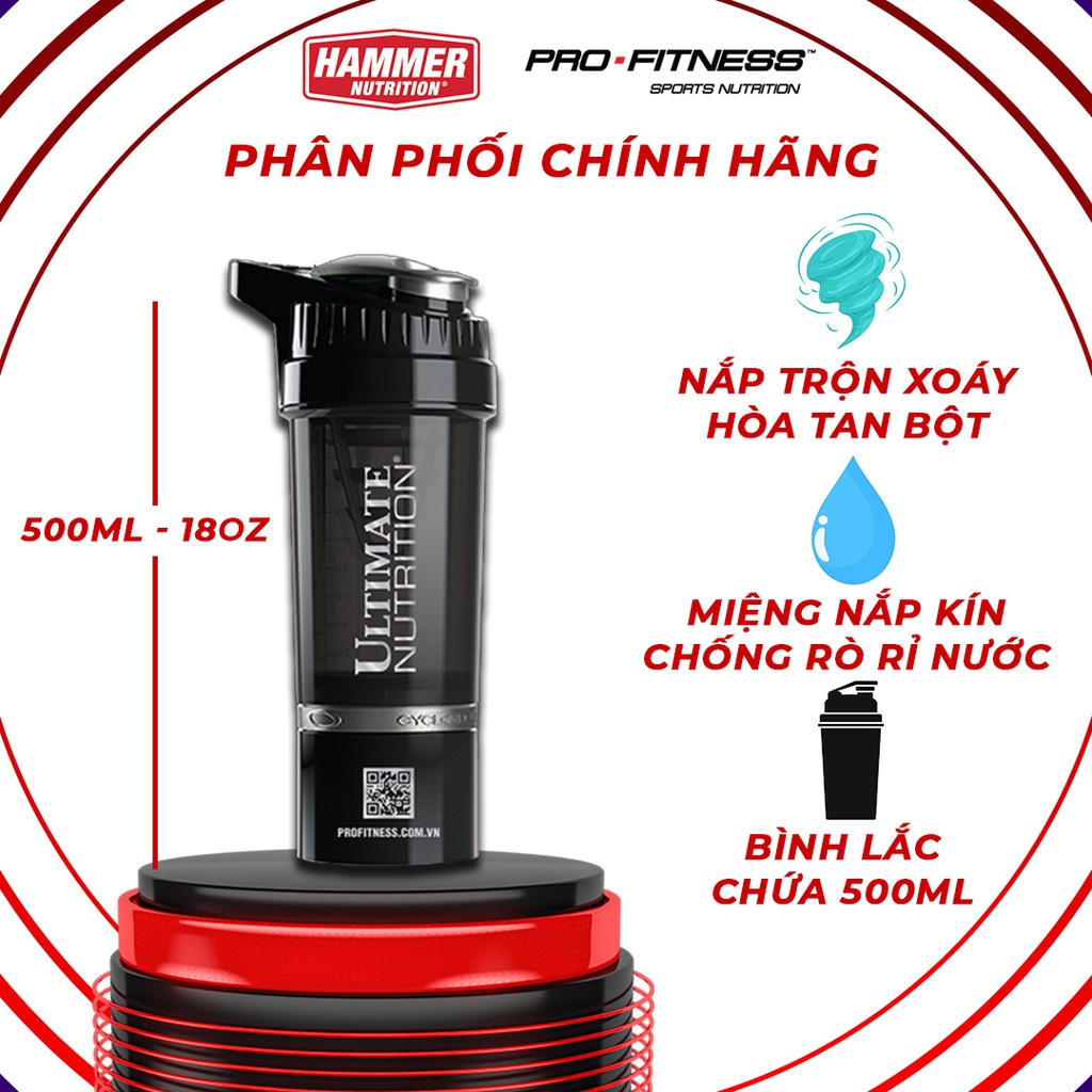 Bình lắc Shaker 3 ngăn Ultimate Nutrition 500ml - Bình Shaker cao cấp có lò xo  đựng Mass, Whey Protein tiện lợi (18oz)