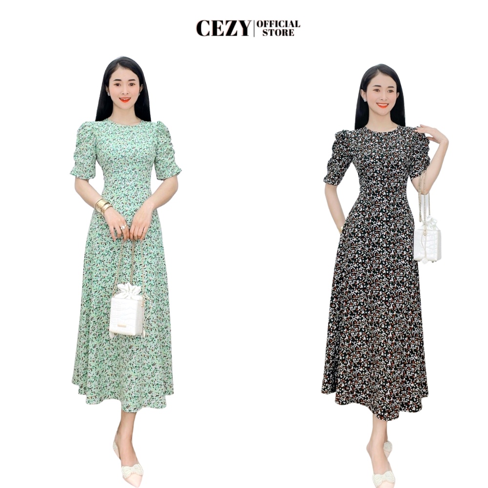 Đầm hoa nhí cổ tròn tay phồng dáng xòe dài có size bigsize CEZY D81 | BigBuy360 - bigbuy360.vn