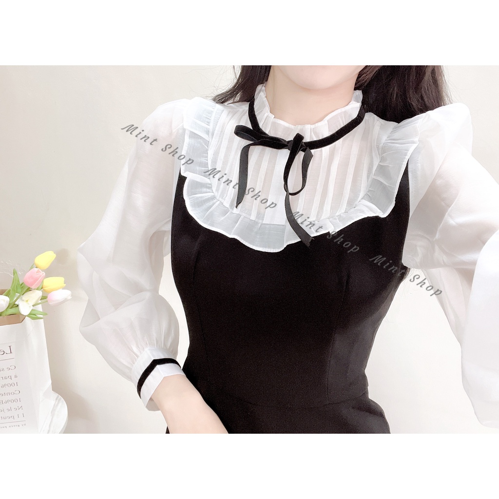 Váy thiết kế phối đen- trắng, đỏ trắng tay voan cổ bèo nơ kiểu dáng tiểu thư sang trọng | BigBuy360 - bigbuy360.vn