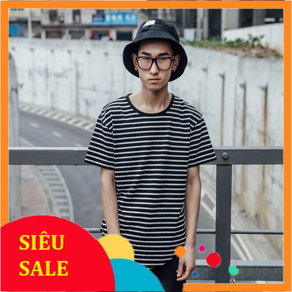 Áo Thun Cotton Tay Lỡ Kẻ Ngang Đen Chất Chơi