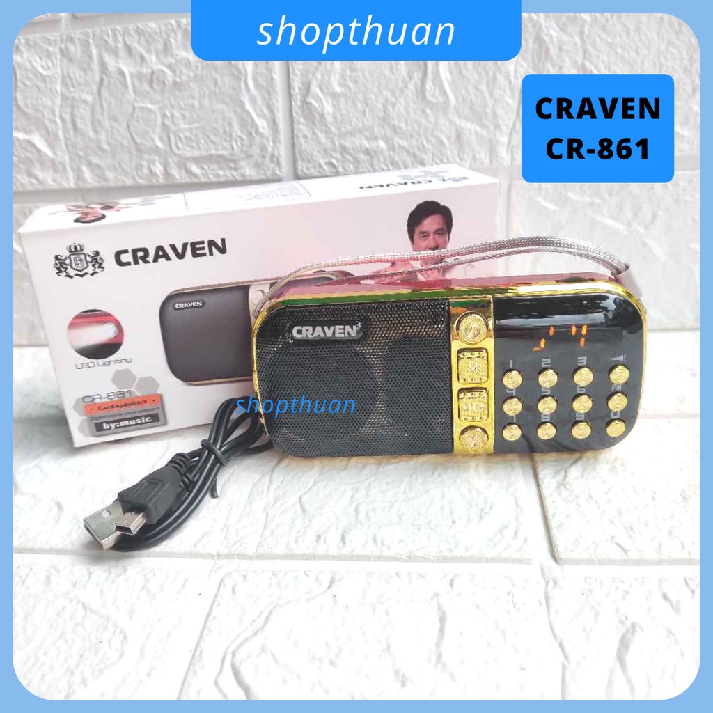 Loa Craven CR-861 2 pin sạc có đèn pin, nghe thẻ nhớ, USB 2.0, FM Radio