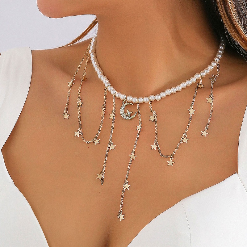 Vòng Cổ Choker Thiết Kế Chuỗi Hạt Ngọc Trai Mặt Ngôi Sao Phong Cách Baroque