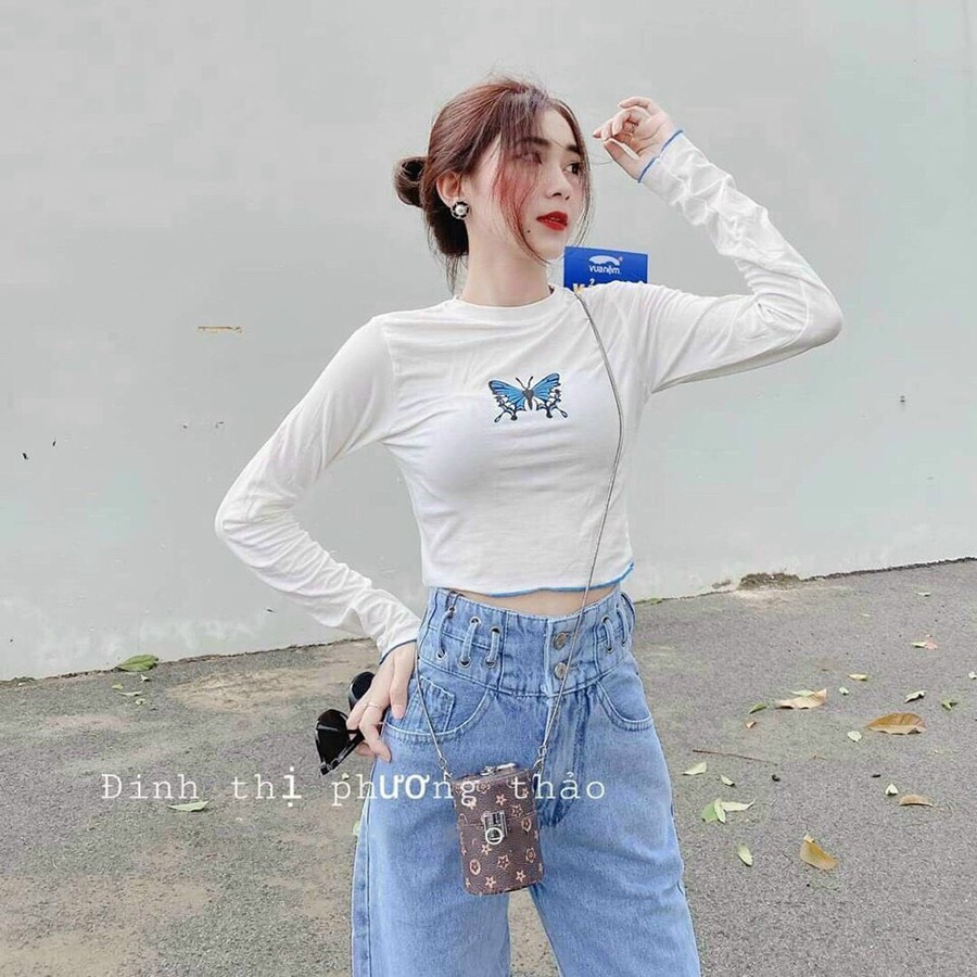 Áo Croptop Bướm Dài Tay Unisex 𝗸𝗵𝗼̂𝗻𝗴 𝘅𝘂̀ 𝗹𝗼̂𝗻𝗴 Thời Trang Hoodie form rộng dành cho nữ cực dễ mix quần jean đi chơi