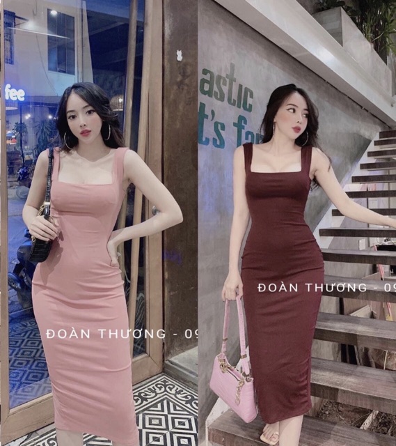 Đầm body dây vai lớn màu đỏ, Hồng - thun nhập qc