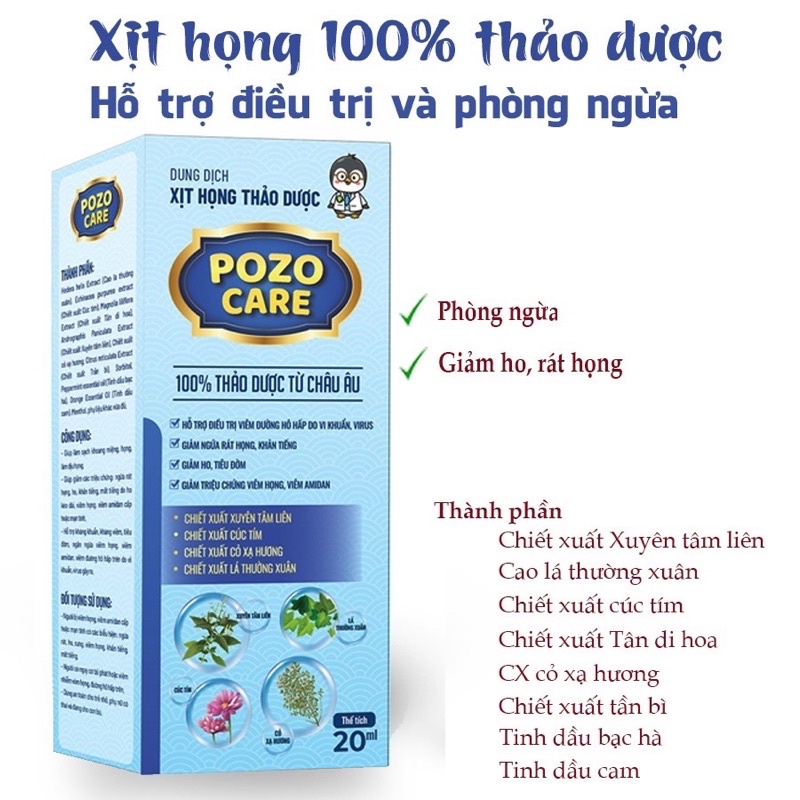 Xịt họng Pozocare với chiết xuất xuyên tâm liên giúp giảm ho, hỗ trợ hô hấp (20ml)