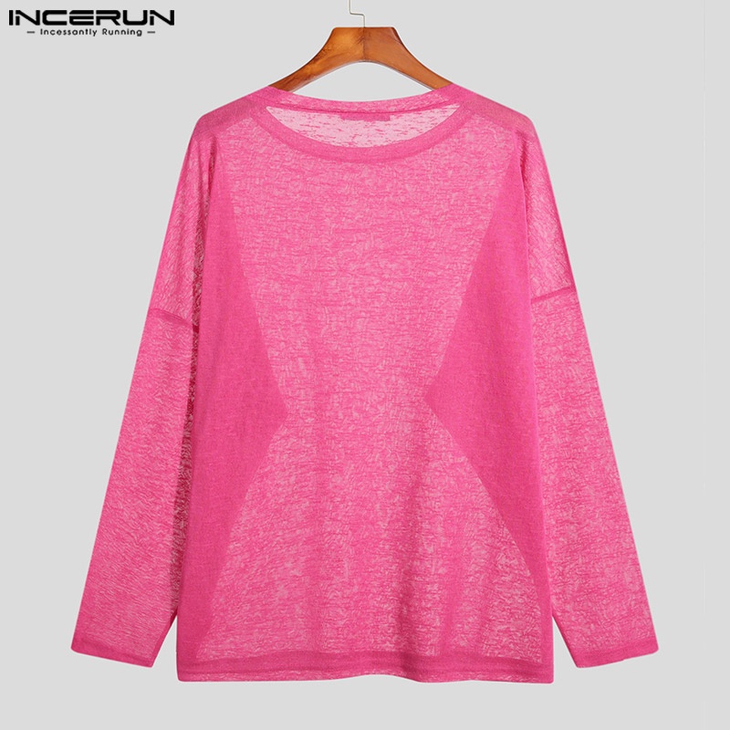 Áo thun INCERUN tay dài cổ tròn phối lưới xuyên thấu 3 màu sắc tùy chọn cho nam