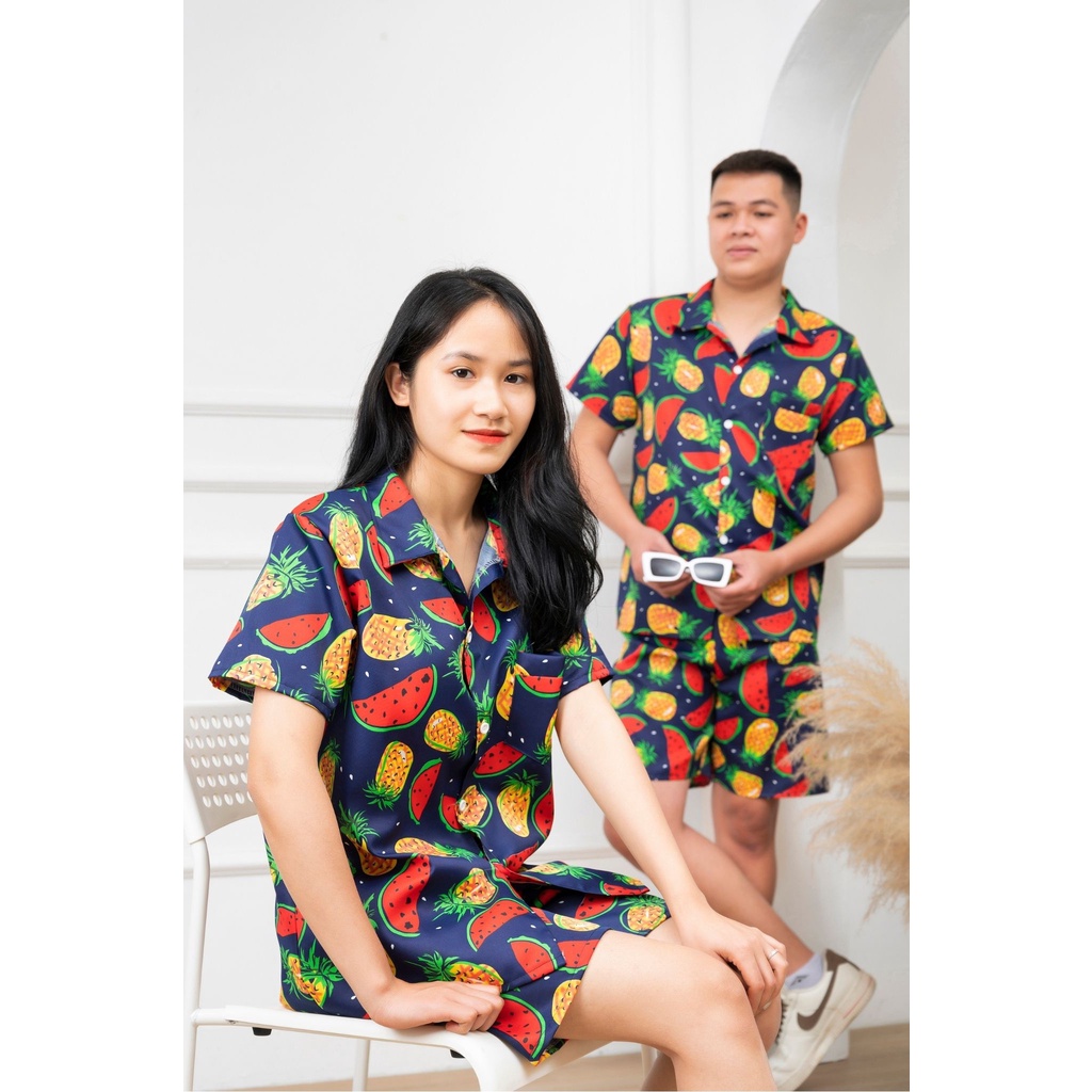 Bộ ngủ hè nam nữ hoạ tiết bộ pijama ngắn tay mặc nhà chất kate thái thoáng mát
